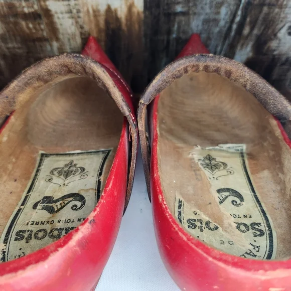 Antique Hand Carved Leather and Wood French Fabrique De Sabots Clog Shoes - Picture 6 of 10